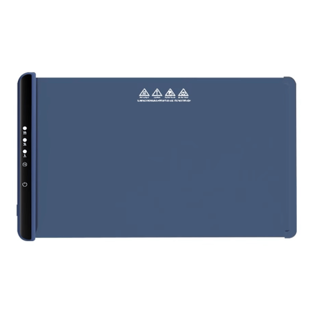Blue tablet case with warning symbols on a white background