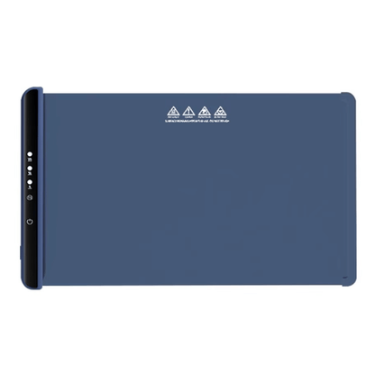 Blue tablet case with warning symbols on a white background