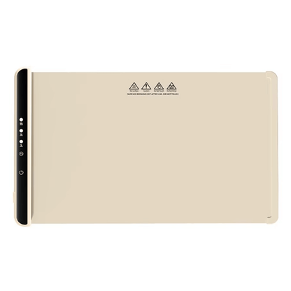 Beige tablet case with warning labels on a white background