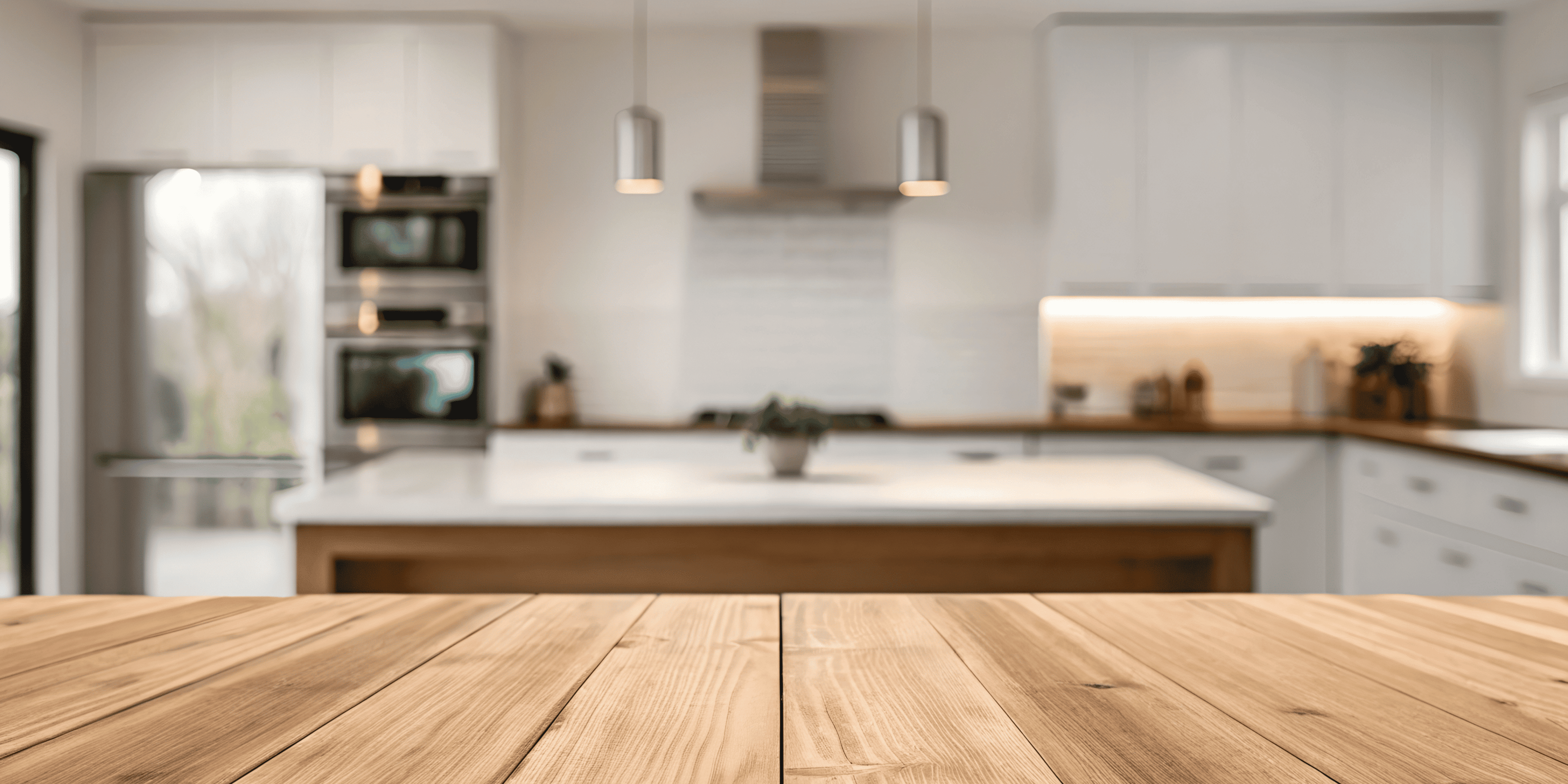 Wooden table top with a blurred kitchen background
