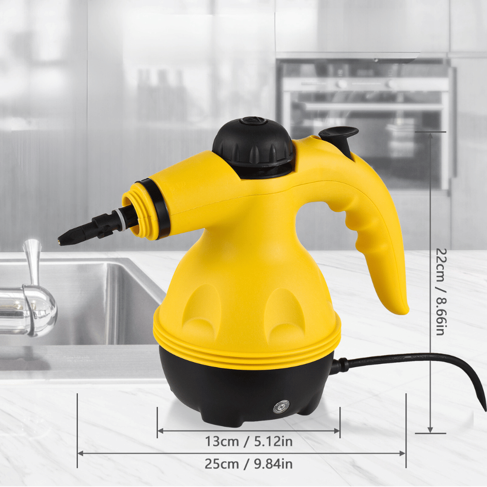 Yellow steam cleaner with black accents on a kitchen counter, showing dimensions.