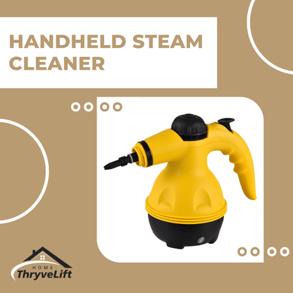 Yellow handheld steam cleaner on a beige background with ThryveLift branding.