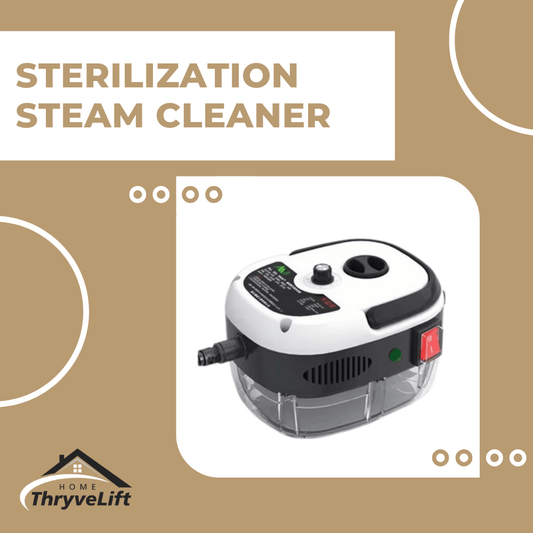 Sterilization steam cleaner with ThryveLift logo on a beige background