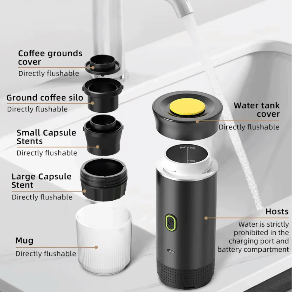 Portable espresso maker components showing 3-in-1 capsule and ground coffee compatibility, easy-clean design