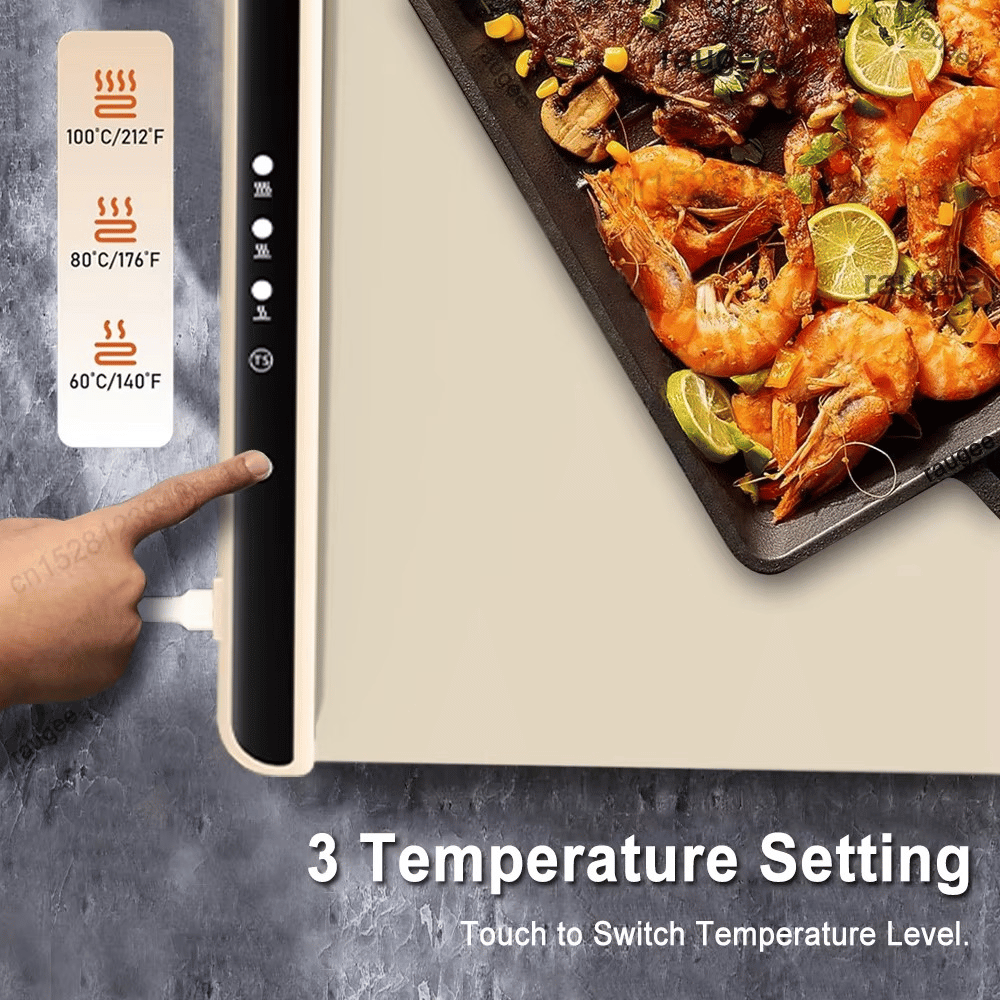 Temperature control panel with food on a tray and hand pointing at it