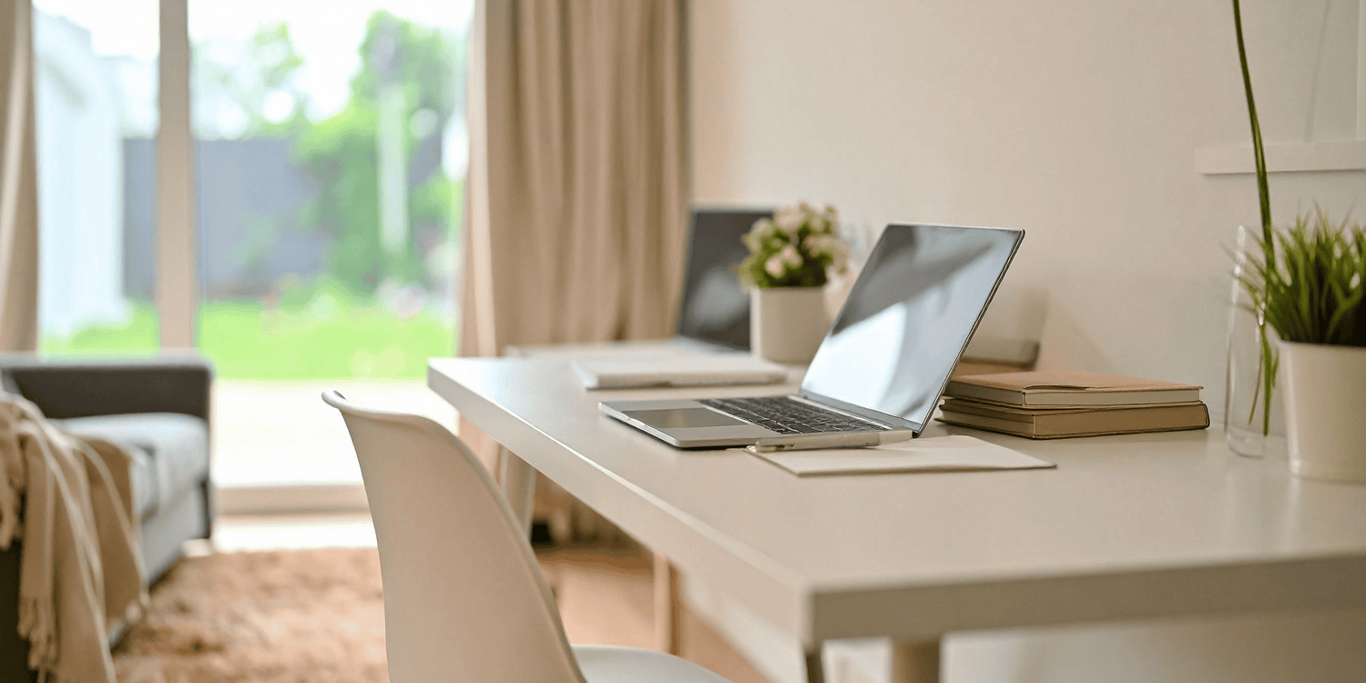 Modern home office with a desk, laptop, and decor
