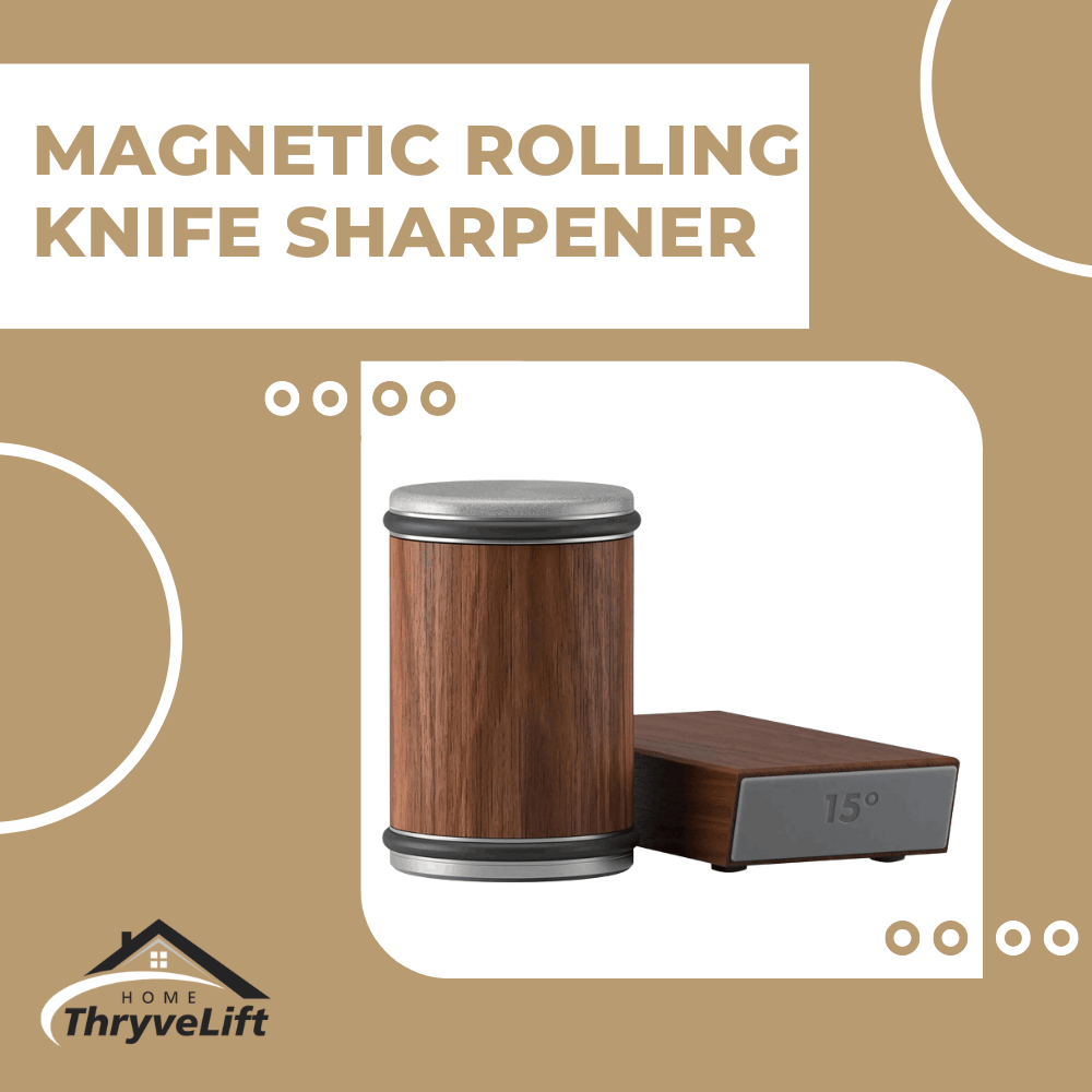 Magnetic rolling knife sharpener with wooden design on a beige background, featuring ThryveLift brand.