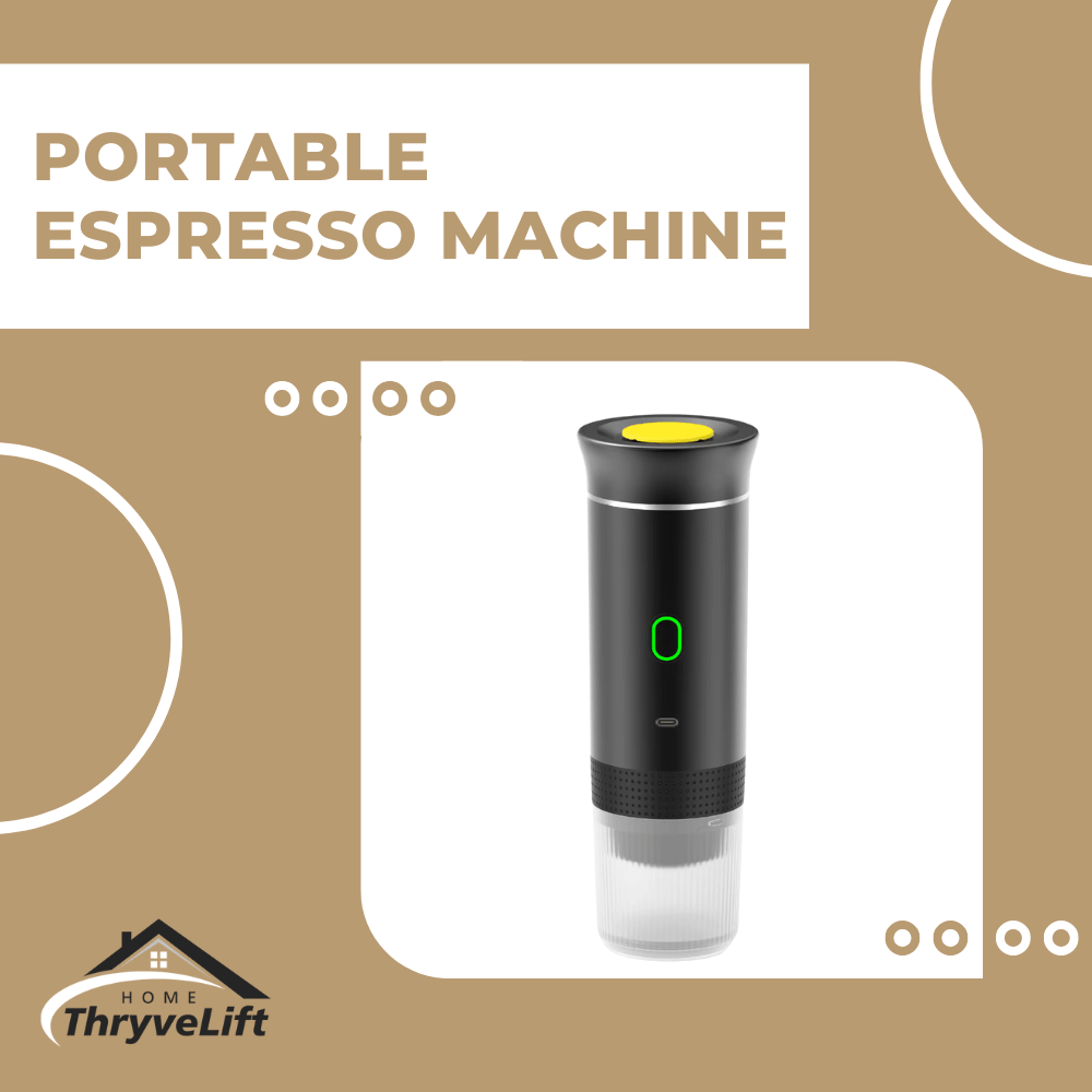 Portable espresso machine with ThryveLift logo on a beige background