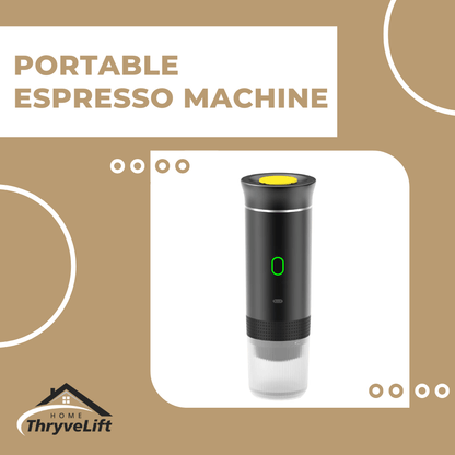 Portable espresso machine with ThryveLift logo on a beige background