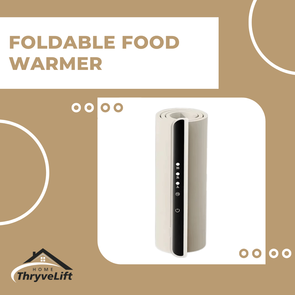 Foldable food warmer with ThryveLift logo on a beige background