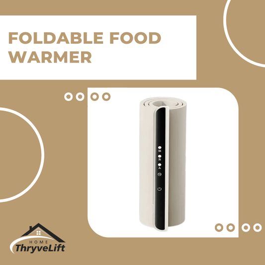 Foldable food warmer with ThryveLift logo on a beige background