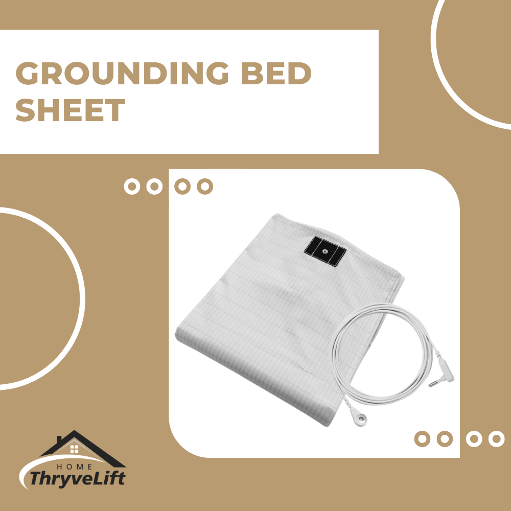 Grounding bed sheet with cable on a beige background, featuring ThryveLift logo.