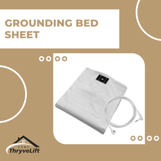 Grounding bed sheet with cable on a beige background, featuring ThryveLift logo.