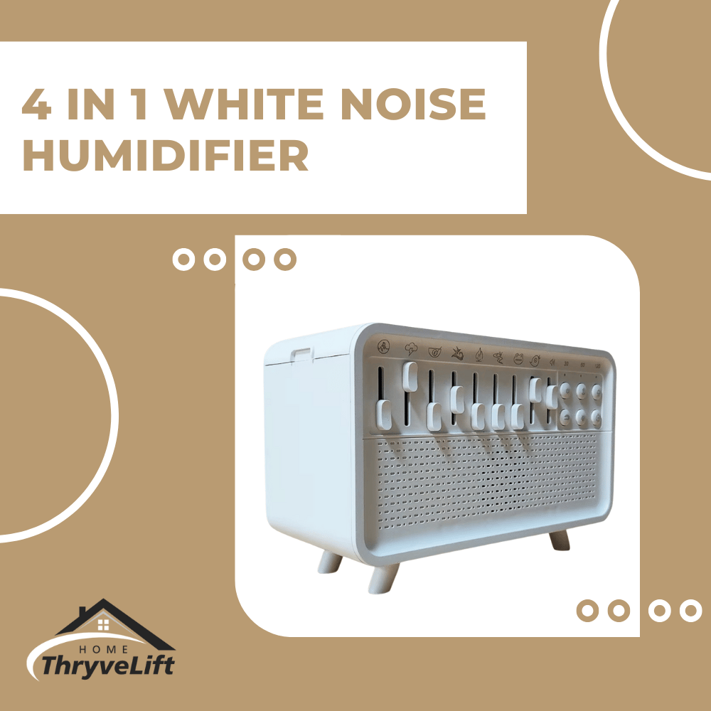 White noise humidifier with ThryveLift branding on a beige background
