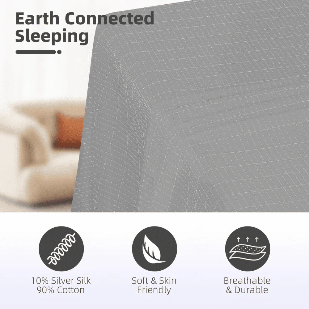 Organic cotton grounding sheet close-up showing breathable fabric, 10% silver fiber weave, soft and skin-friendly grounding material