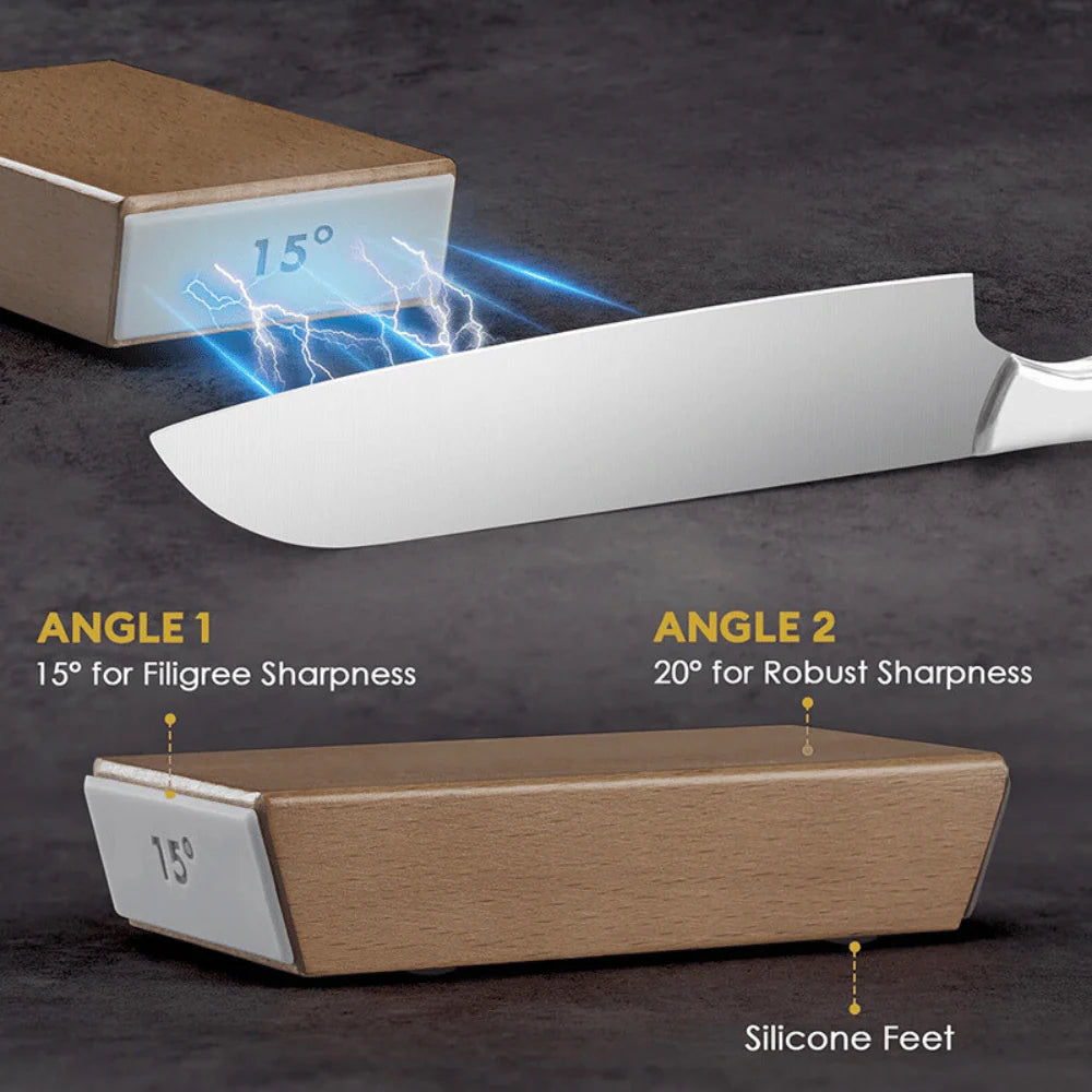Adjustable 15° and 20° Magnetic Rolling Knife Sharpener demonstrating dual-angle sharpening for chef knives and utility blades
