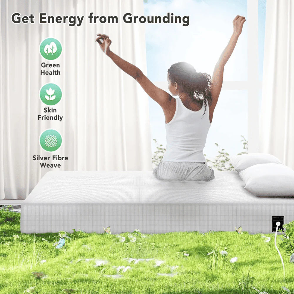 Grounding Bed Sheet with organic cotton and silver fiber, woman waking up energized, reconnecting with Earth’s natural grounding energy