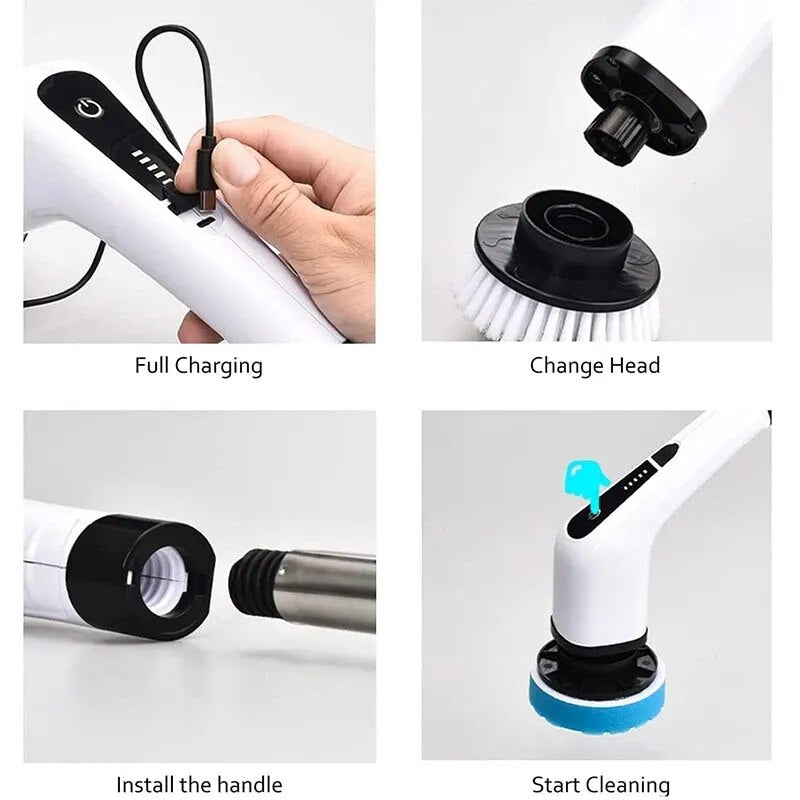 Step-by-step guide on using a cleaning tool with charging, head change, handle installation, and cleaning actions.