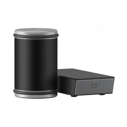 Black cylindrical container with a metallic lid and a rectangular device labeled '15°' on a white background.
