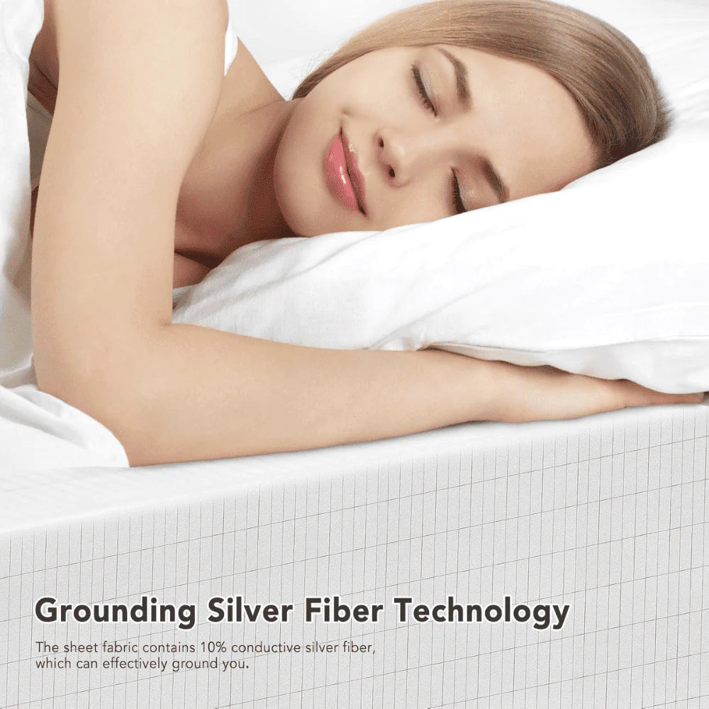 Grounding Bed Sheet conductive silver fiber technology, woman sleeping peacefully on grounding mattress for EMF reduction and balance