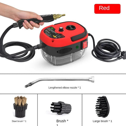 Red and black pressure washer with attachments on a white background