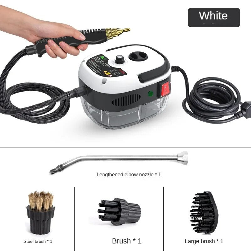 White pressure washer with attachments on a white background