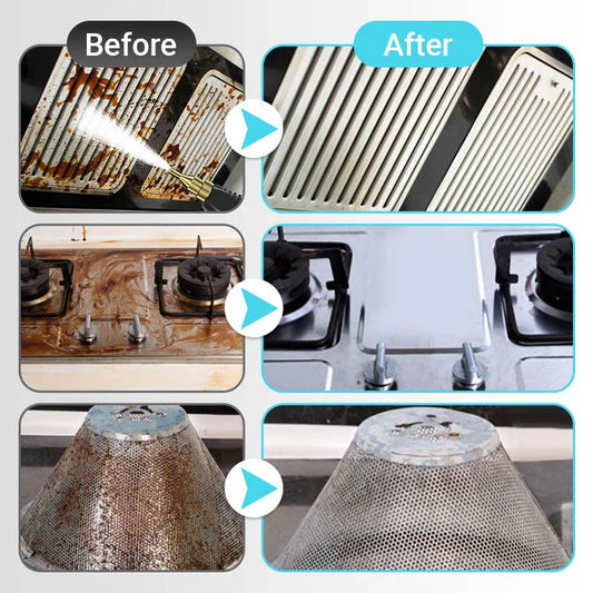 Before and after comparison of cleaning kitchen appliances and cookware.